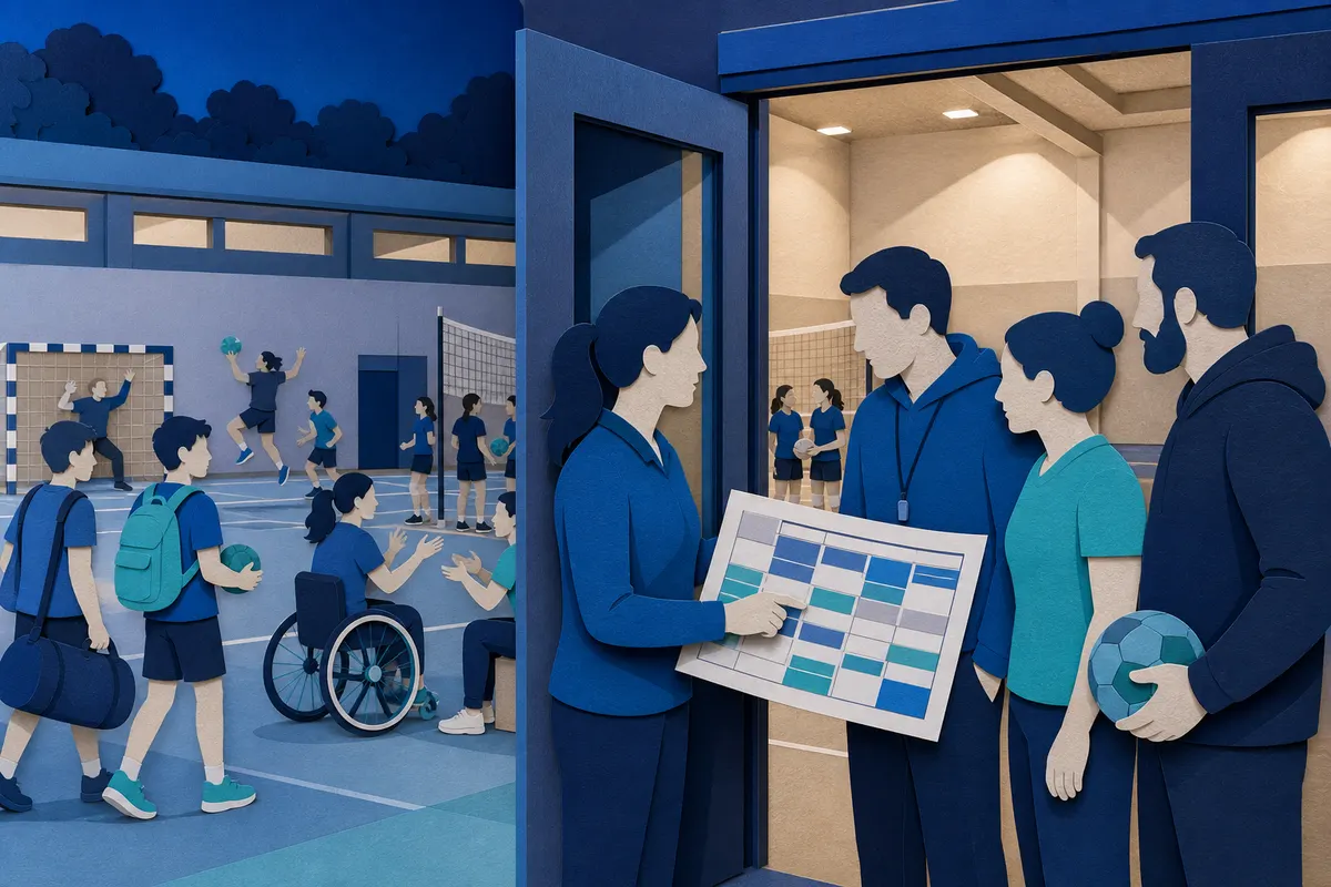 Vereinsverantwortliche planen gemeinsam Trainingszeiten in einer Mehrfachturnhalle