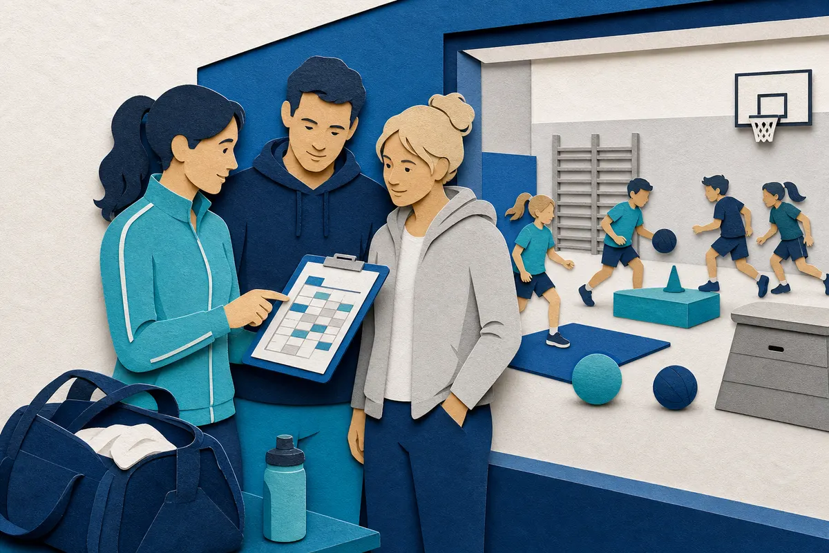 Trainerin plant mit Vereinshelfenden die Trainings- und Qualifizierungstermine in einer Turnhalle