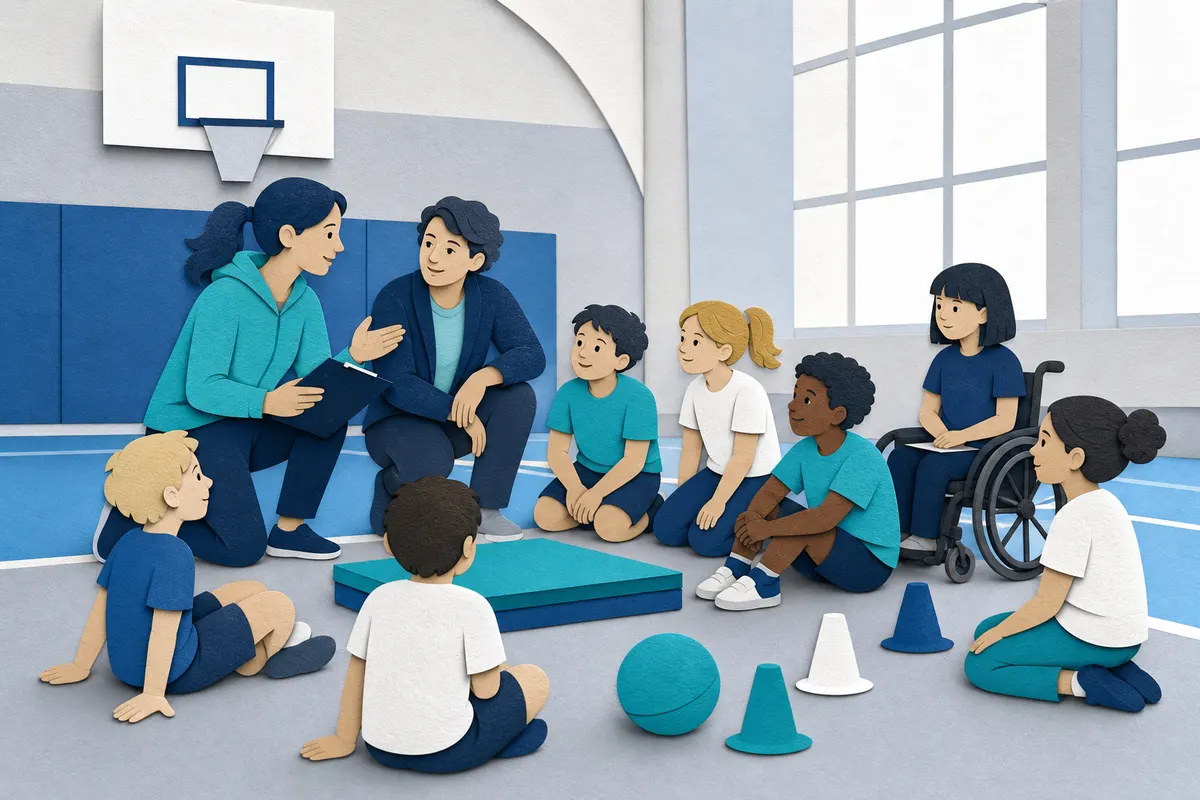 Trainerin und Lehrkraft planen mit Kindern ein sicheres Bewegungsangebot in der Schulsporthalle