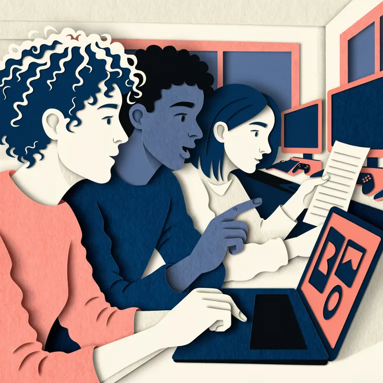 Illustration: Jugendliche spielen gemeinsam an Computern